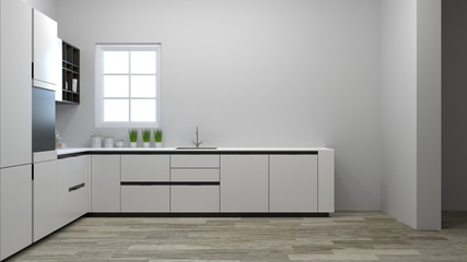 Fototapeta na wymiar kitchen cabinet interior cooking white table,modern food restaurant 3D Illustration home design for copy space background