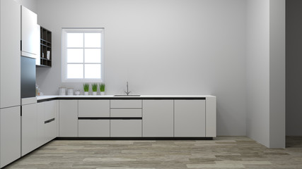 kitchen cabinet interior cooking white table,modern food restaurant 3D Illustration home design for copy space background