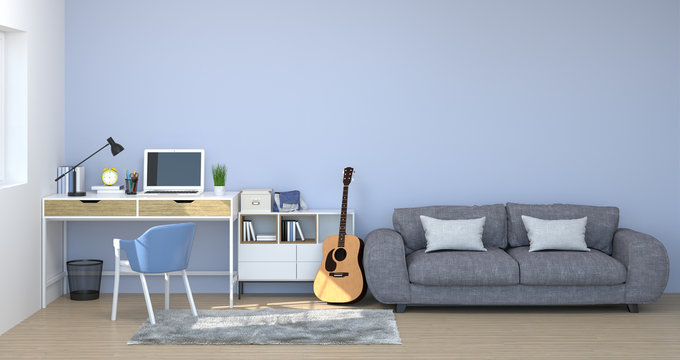 Desk,cabinet,learning materials, notebook,sofa in front of  wall empty the room 3d illustration home interior designs background