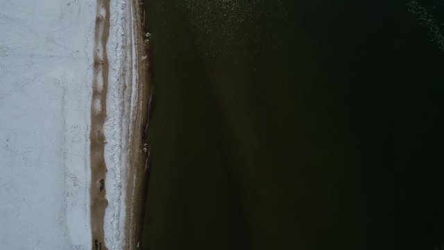 flight over sea shore at winter