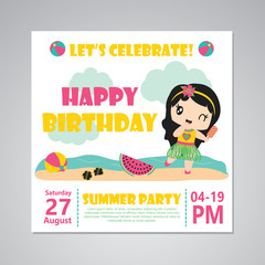 Cute aloha girl on the beach vector cartoon illustration for happy birthday card design, postcard, and wallpaper