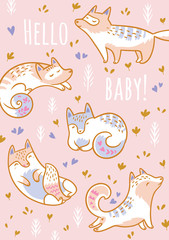 Obraz premium Baby shower design. Cartoon foxes or cats with text Hello baby. Vector illustration
