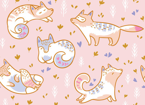Cute polar foxes seamless pattern. Hand drawn vector illustration in cartoon style