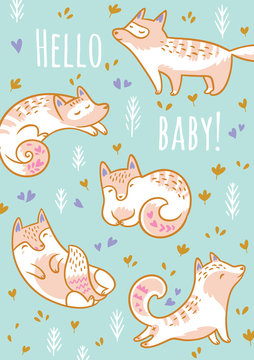Baby shower design. Cartoon foxes or cats with text Hello baby. Vector illustration