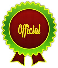 OFFICIAL on red and green round ribbon badge.