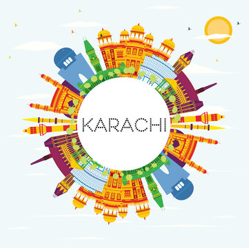 Karachi Skyline with Color Landmarks, Blue Sky and Copy Space.