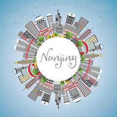 Nanjing China Skyline with Gray Buildings, Blue Sky and Copy Space.