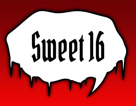 Horror speech bubble with SWEET 16 text message. Red background.