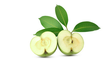 Whole green apple and half with leaf isolated on white background as package design element. this has clipping path.