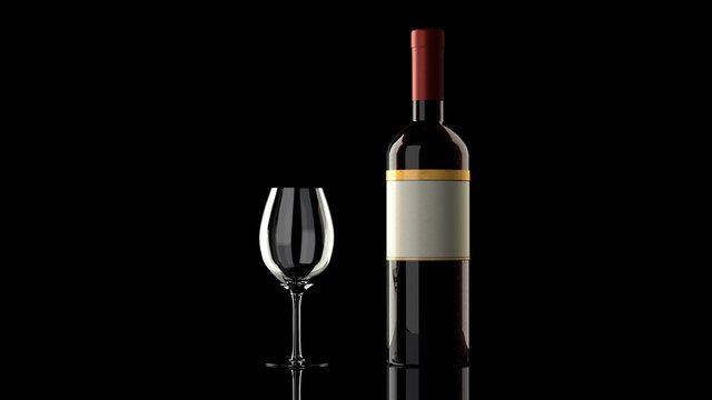 One bottle of red wine with an elegant blank empty label to put your own logo,  wine glass on a glossy reflective black table, isolated, black background 