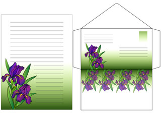  Envelope and a sheet for writing letters colored with flowers Irises. Set to write a letter. Greeting card. Envelope and sheet with a gradient and flowers.