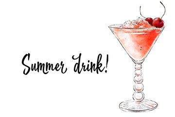Colorfu hand-drawn illustration of delicious smoothie of fresh fruit. Fresh summer cocktail with cherries and crushed ice in a beautiful glass. Healthy beverage. Vitamin natural drink.