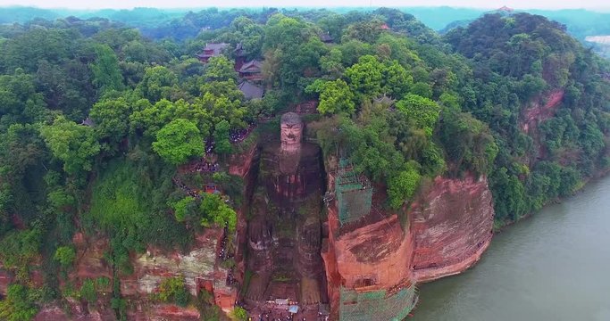 Aerial shot of Leshan China Giant Buddha, 4k
