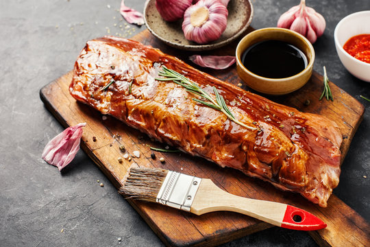 Raw Pork Ribs In A Marinade With Spices.