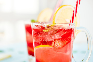Colorful refreshing strawberry lemonade juice drinks for summer