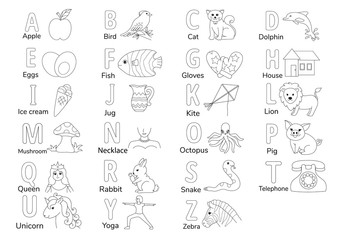 Fototapeta premium Colorless Alphabets with illustration A to Z for coloring book page for kids, English letters learning worksheet. Vector