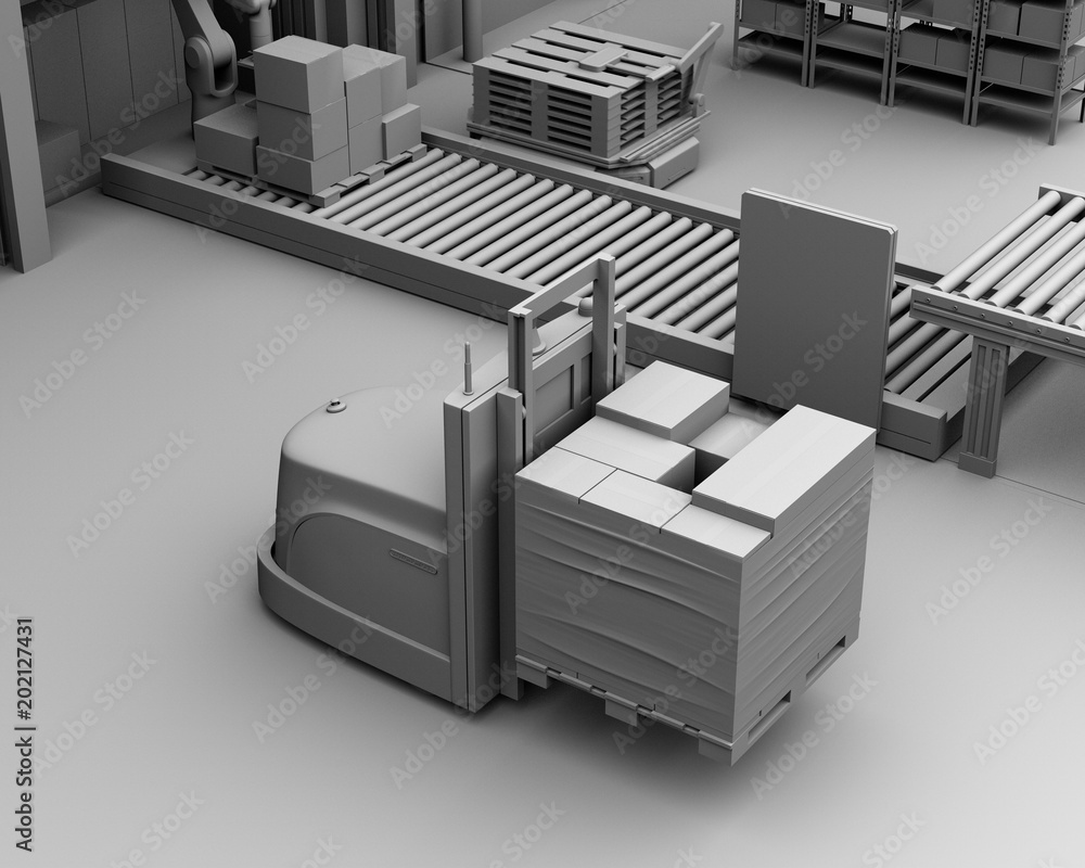 Poster clay rendering of autonomous forklift carrying pallet of goods in logistics center. 3d rendering ima