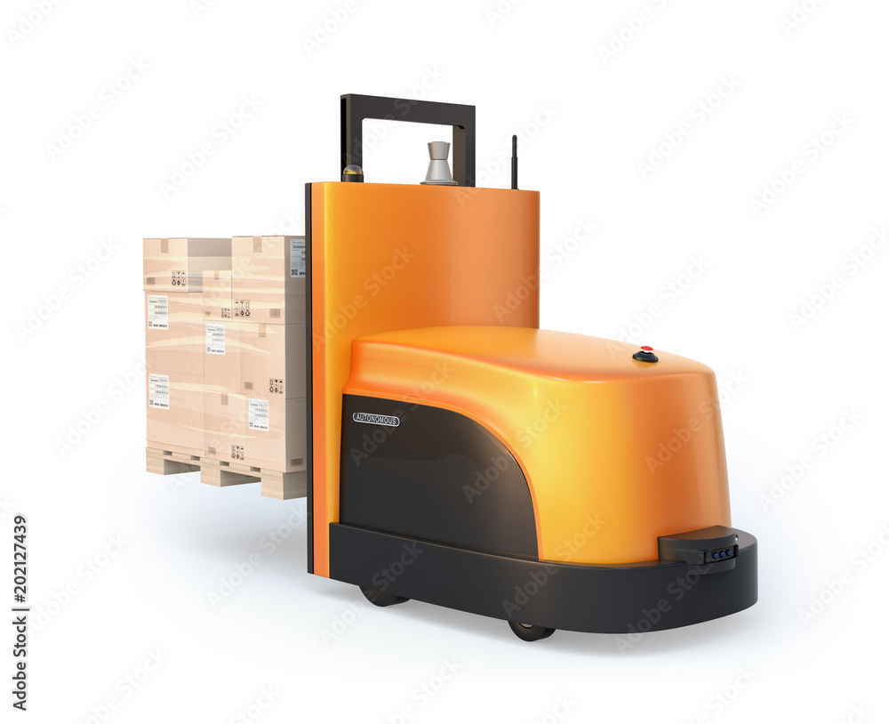 Poster rear view of autonomous forklift carrying pallet of goods isolated on white background. 3d rendering