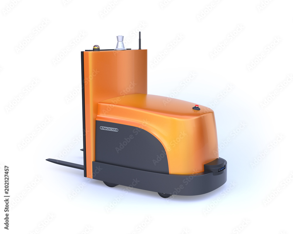 Aufkleber rear view of autonomous forklift isolated on white background. 3d rendering image.