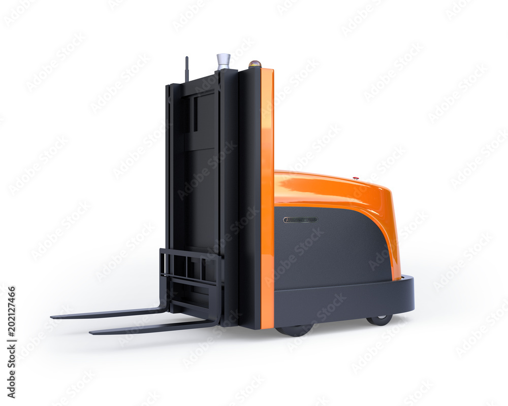 Poster autonomous forklift isolated on white background. 3d rendering image.