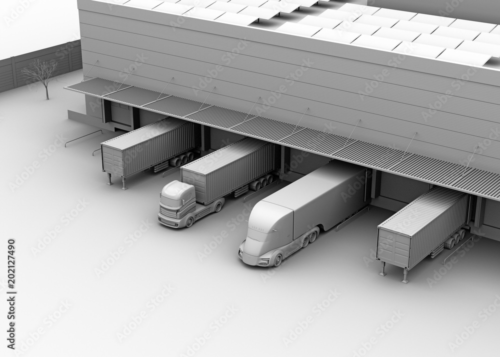 Aufkleber clay model rendering of electric trucks parking in front of modern logistics center. 3d rendering im