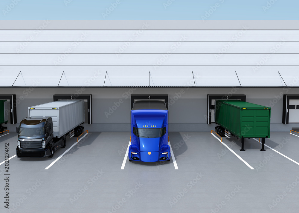 Poster front view of electric trucks parking in front of modern logistics center. 3d rendering image.