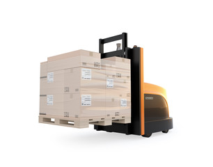 Autonomous forklift carrying pallet of goods isolated on white background. 3D rendering image. © chesky