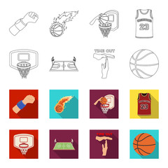 Basketball and attributes outline,flet icons in set collection for design.Basketball player and equipment vector symbol stock web illustration. © pandavector