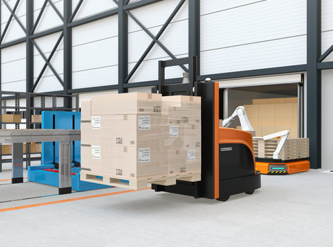 Autonomous forklift carrying pallet of goods in logistics center. 3D rendering image.