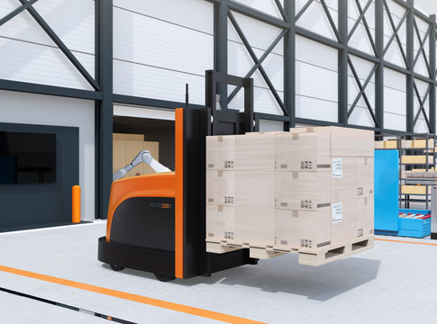 Autonomous forklift carrying pallet of goods in logistics center. 3D rendering image.
