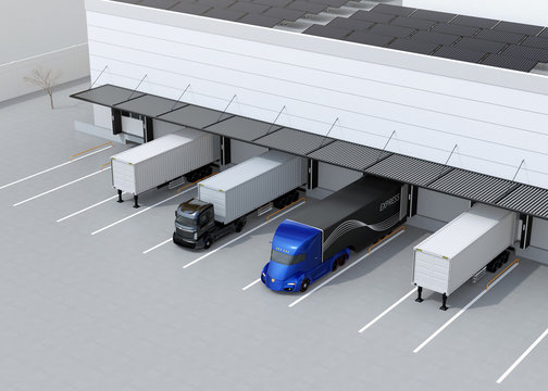 Electric trucks parking in front of modern logistics center. Solar panels mounted on the roof. 3D rendering image.