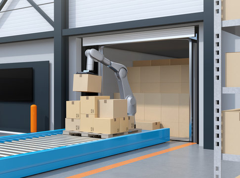 Industry robot picking parcels from truck cargo container. Logistics automation concept. 3D rendering image.