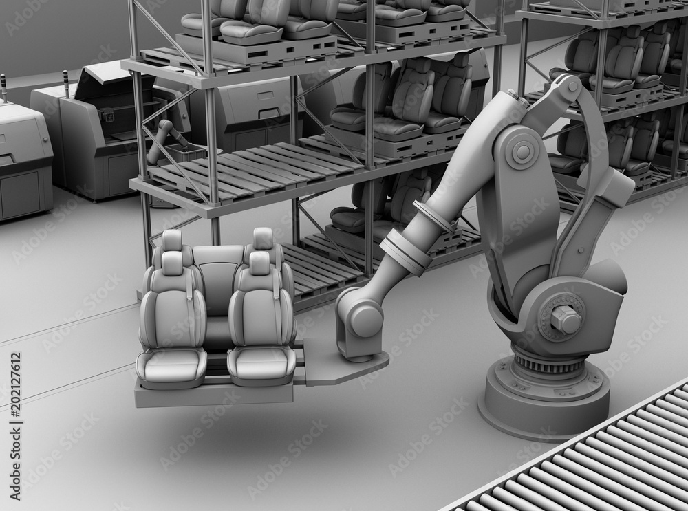 Poster clay rendering of heavyweight robotic arm carrying car seats in car assembly production line. 3d ren