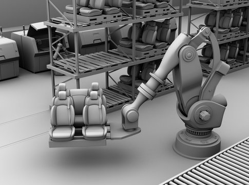 Clay rendering of heavyweight robotic arm carrying car seats in car assembly production line. 3D rendering image.