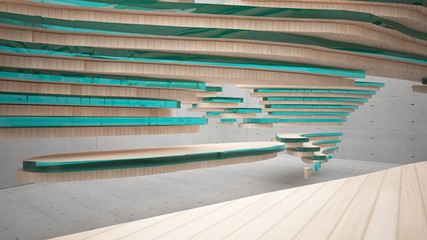 Fototapeta premium Abstract concrete and wood parametric interior with window. 3D illustration and rendering.