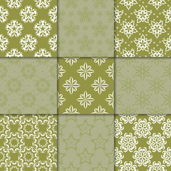 Olive green floral ornaments. Collection of seamless patterns