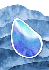 Stof per meter Watercolor logo. A blue drop of water against the background of the sea, the river, the lake. Ecological poster, drawing. Environment protection. Abstract splash of paint. © helgafo