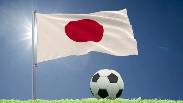 Flag of Japan fluttering and a football rolls on the lawn, 3d rendering, 4k footage