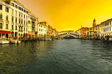 Panorama of Grand Canal and Rialto bridge at sunset, Venice, Italy