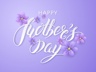 Vector elegant greeting card with violet paper flowers and text “Happy Mother’s Day”. 3D realistic trendy typography with lettering cut out of paper on the purple background for holiday banners.