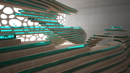 Fototapeta premium Abstract concrete and wood parametric interior with window. 3D illustration and rendering.