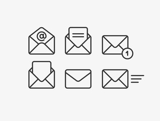 Mail vector icon set. Email, post, letter, envelope, newsletter collecton isolated on white. Line outline thin flat design, adapted e-mail icon set for web, web site, mobile app, UI