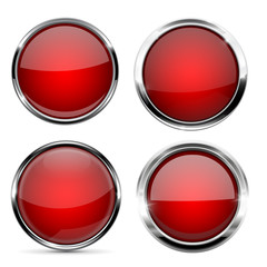 Glass red buttons. Round 3d icons with metal frame and reflection