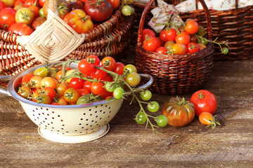 Obraz na płótnie Canvas Heirloom variety tomatoes in baskets on rustic table. Colorful tomato - red,yellow , orange. Harvest vegetable cooking conception
