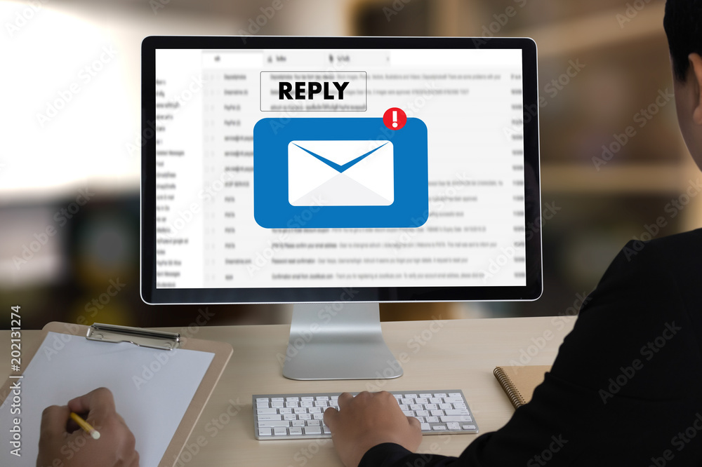 Poster reply the message email on computer businessman is working to important reminder
