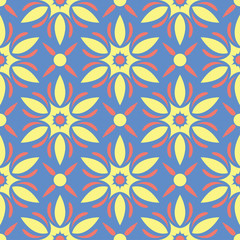 Floral seamless pattern. Red and yellow flower elements on blue background