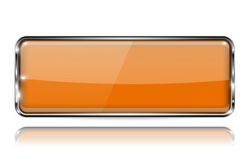 Glass orange button with metal frame. Web 3d icon with reflection