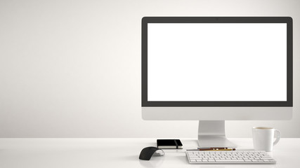 Desktop mockup, template, computer on work desk with blank screen, keyboard mouse and notepad with pens and pencils, white background