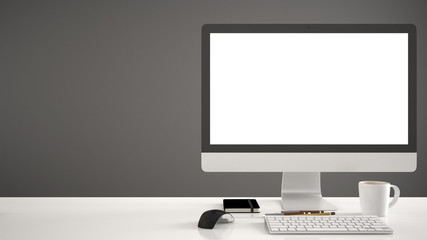 Desktop mockup, template, computer on work desk with blank screen, keyboard mouse and notepad with pens and pencils, gray background