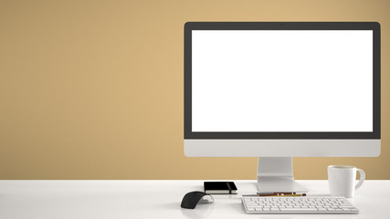 Desktop mockup, template, computer on work desk with blank screen, keyboard mouse and notepad with pens and pencils, yellow pantone colored background